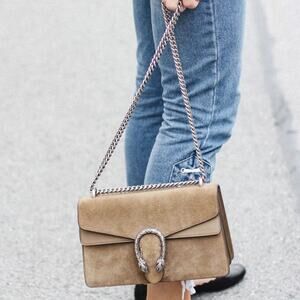 Gucci Medium Suede Dionysus Crossbody Shoulder Bag Double Flap Taupe Neutral